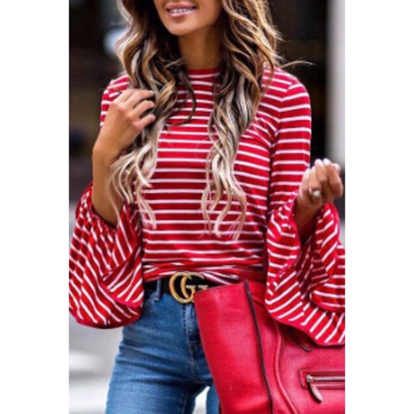Gorgeous Red & White Striped bell sleeve top - Picture 3 of 4